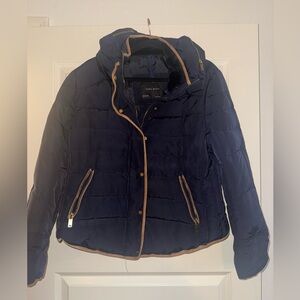 Navy Blue Zara Women’s Puffer Jacket Down Filled Fur Lined Collar gold hardware